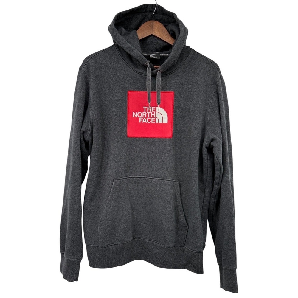 The North Face Hoodie Men's Medium Gray Red Box Logo Pullover Sweatshirt